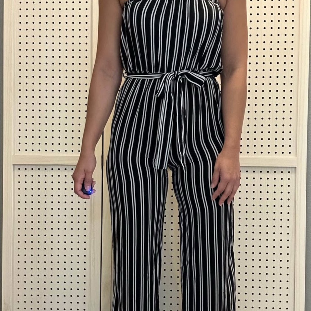 Chesley Black and White Striped Jumpsuit with Wide-Leg Design